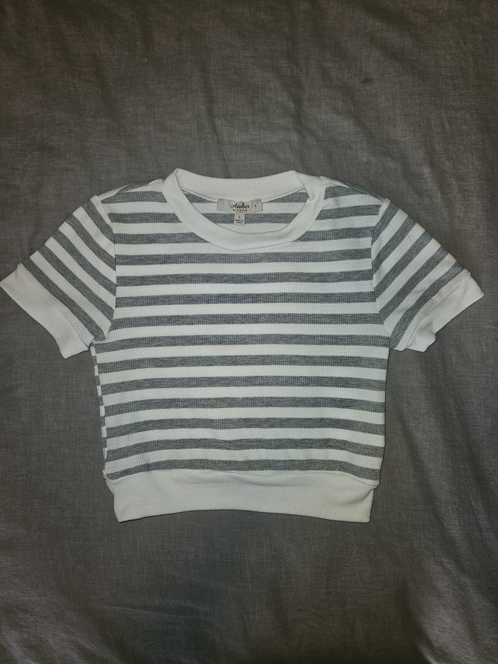 Women’s Striped Crop Tee in White and Gray - Casual Crewneck